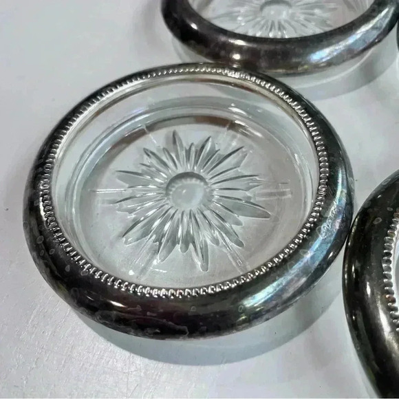 Leonard Crystal Sterling Silver Plated Ring Glass Ashtray/6 Coaster Italy Antiqe - Picture 2 of 5